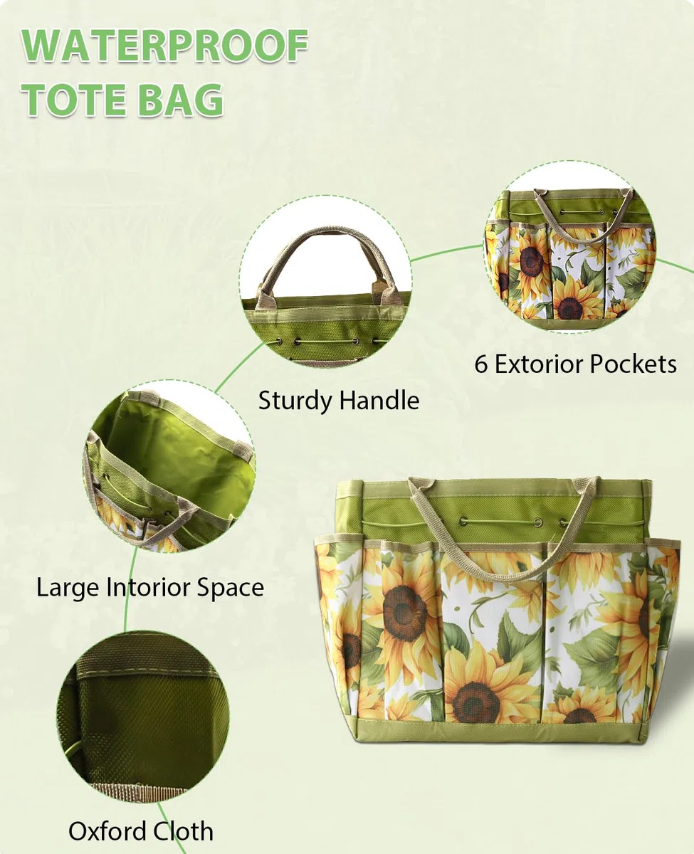 MOSFiATA Kit de Herramientas de Jardinería 12 Piezas, Acero Inoxidable de Uso Pesado con Mango de Madera Antideslizante, Incluye Bolsa Impermeable con Diseño de Girasoles