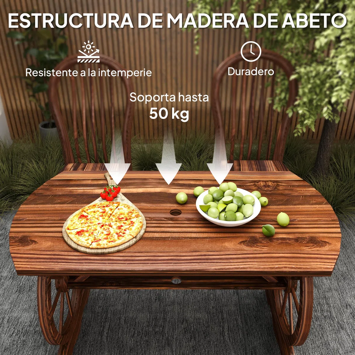 Outsunny Mesa de Jardín de Madera Mesa de Terraza Exterior 120x63x70 cm con Patas en Forma de Rueda Orificio para Sombrilla y Diseño de Listones Carga 50 kg para Patio Madera Carbonizada