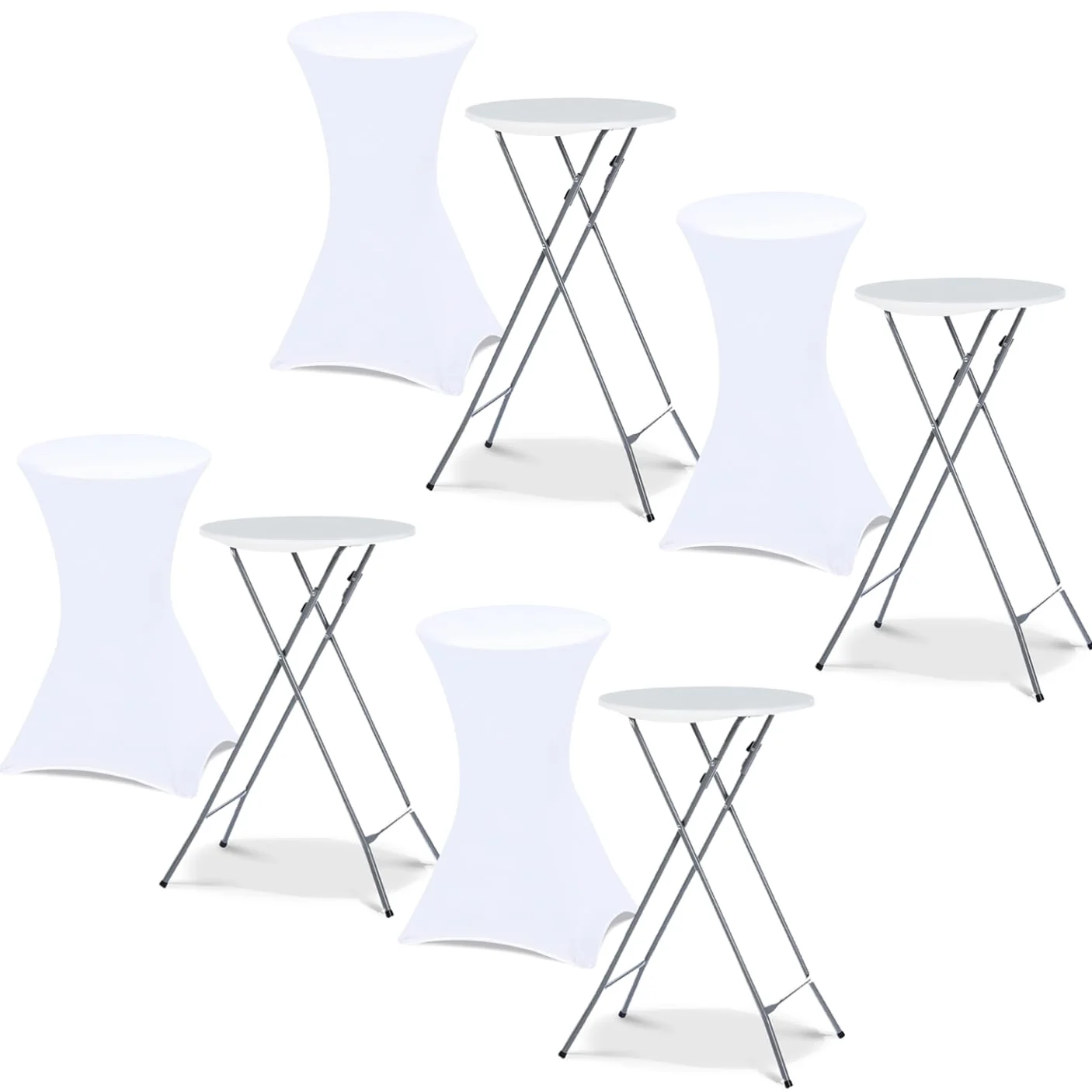 IDMarket - Juego de 4 mesas altas plegables de 105 cm y 4 fundas blancas