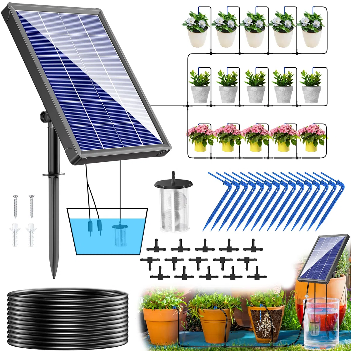 Biling Sistema de riego solar para balcón, 15 m, sistema de riego solar para jardín, 4W 2200mAh sistema de riego solar, sistema de riego solar para jardín, plantas, invernadero, vacaciones