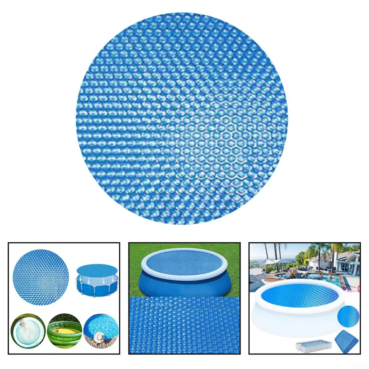 1 cubierta de manta solar redonda para piscina sobre el suelo, película de burbujas de polietileno, retención de calor y protección contra escombros, azul 300 cm, jardín al aire libre para uso de ocio