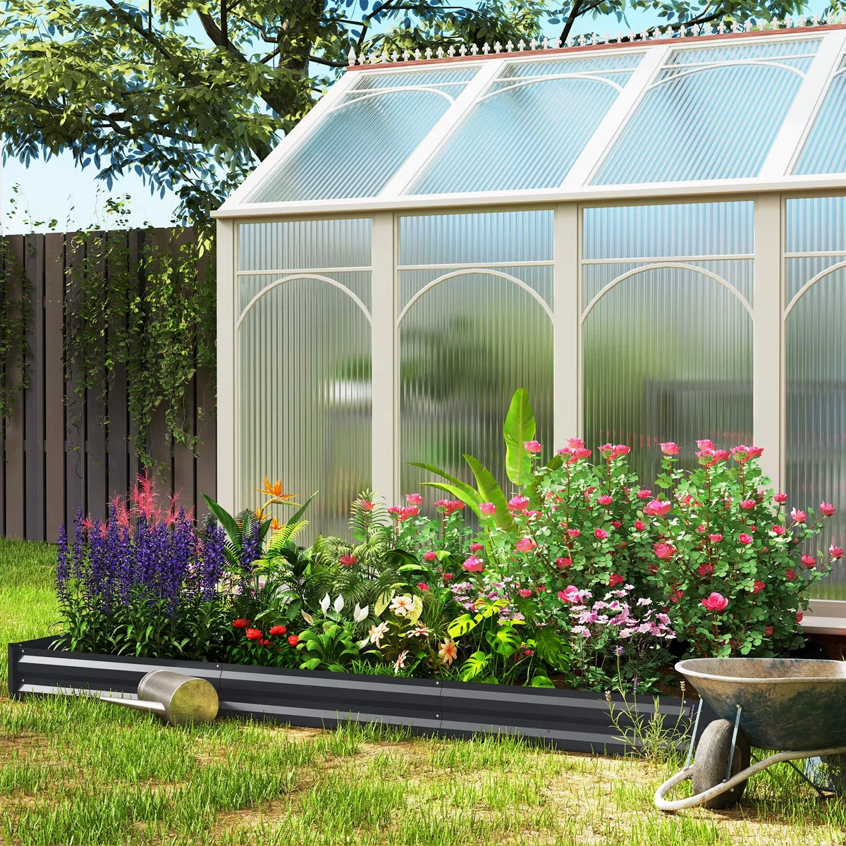 Outsunny Jardinera Rectangular de Exterior con Borde de Seguridad y Base Abierta para Flores y Hierbas, Acero Galvanizado, 240 x 120 x 30 cm, Gris Oscuro