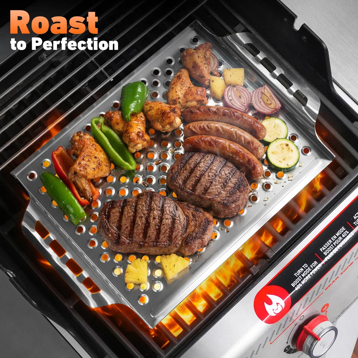onlyfire Bandeja para Parrilla de Agujero Redondo de Acero Inoxidable,para barbacoas de carbón， Gas y Otras barbacoas, 44 x 30 x 3,8 cm (Largo x Ancho x Alto)