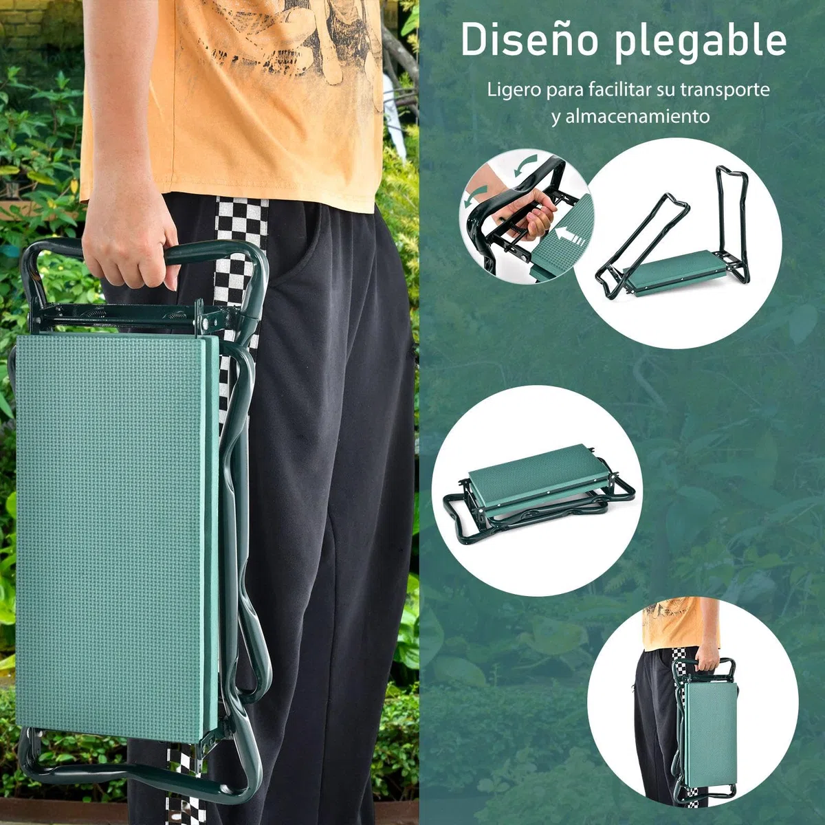 SOARS Banco de Jardín Plegable con Bolsillos para Herramientas y Rodilleras, Taburete de Jardín hasta 150 kg, Rodilleras para Jardinería, 58 x 27,5 x 50 cm (con 2 Bolsa de Herramientas)