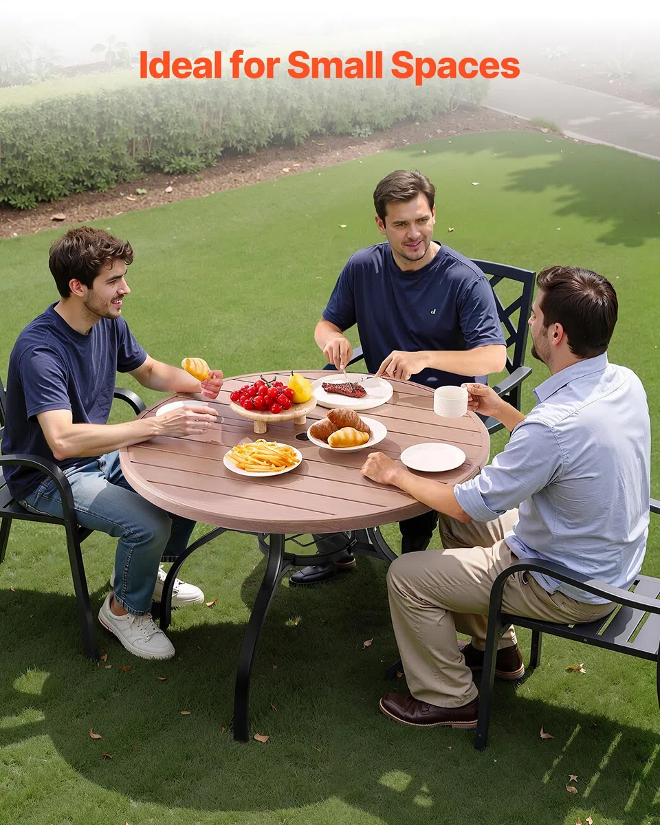 VEVOR Mesa de Patio para Jardín y Balcón, Redonda, de Acero al Carbono, para Exteriores, Patio, Terraza, Impermeable, con Orificio para Sombrilla y Veta de Madera, Carga 68 kg, 1035 x 720 mm