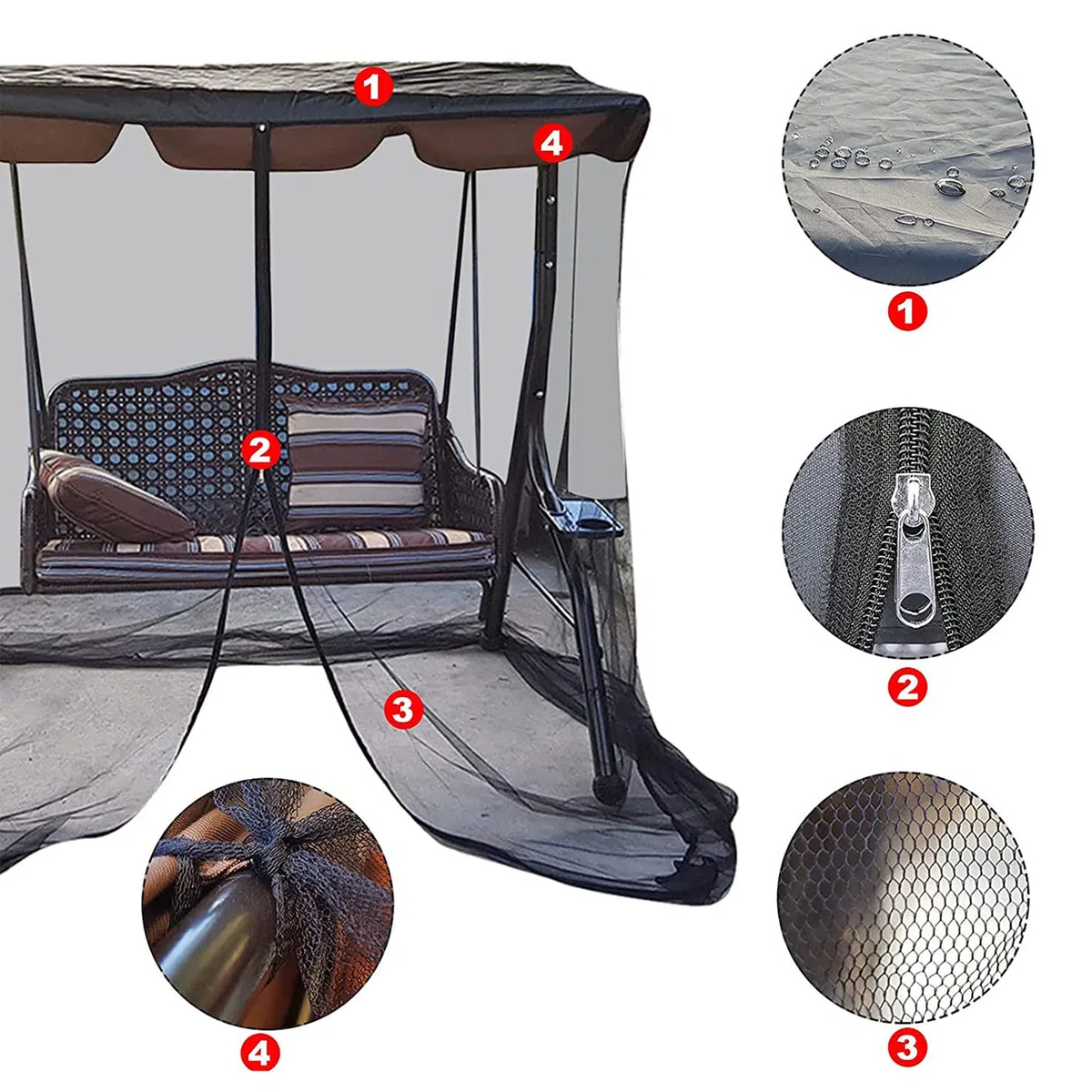 Mosquitera para Columpio, Mosquitera con Cremallera para Columpio de Jardín de 2/3 plazas, Funda Toldo Malla de Poliéster con Cremallera y Techo de Impermeable,205x125x205cm