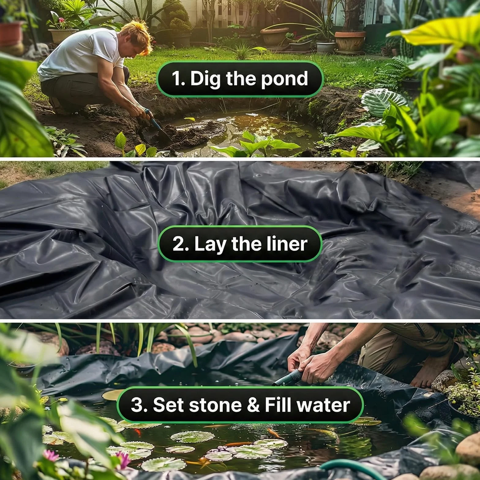 Lámina para estanque, 2 x 3 m, HDPE para estanques, cargas pesadas, 0,2 mm de grosor, lámina de sellado flexible, membrana de estanque, color negro, para estanques, jardines, estanques de