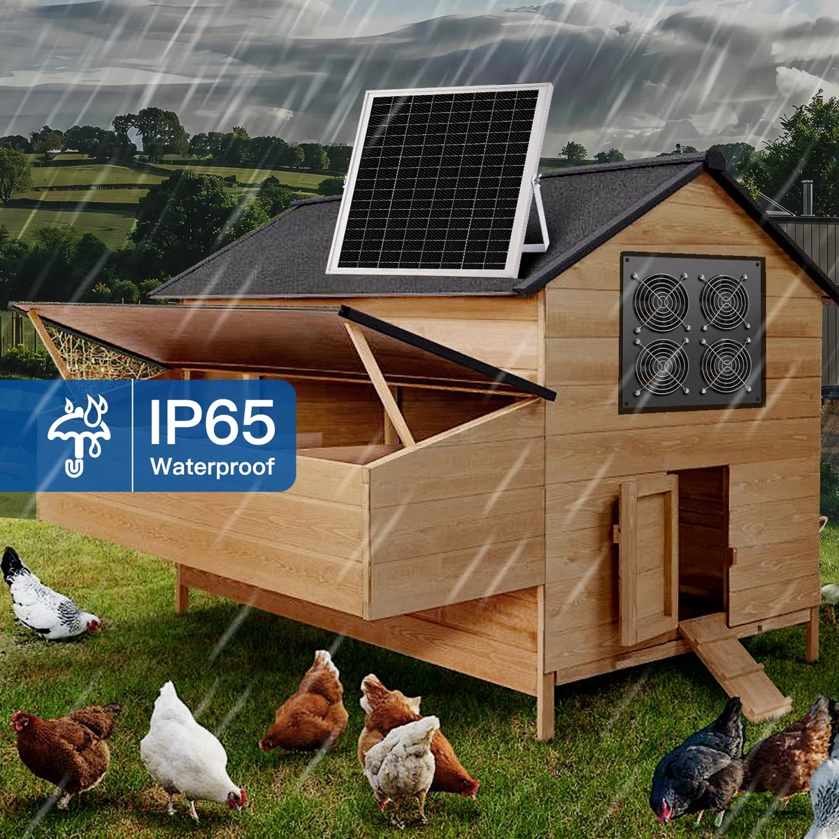 Ventilador solar, ventilador de panel solar de 15 W, con cuatro ventiladores impermeables IP67, adecuado para pequeños gallineros, invernaderos, cobertizos, casas de mascotas, entrada de aire
