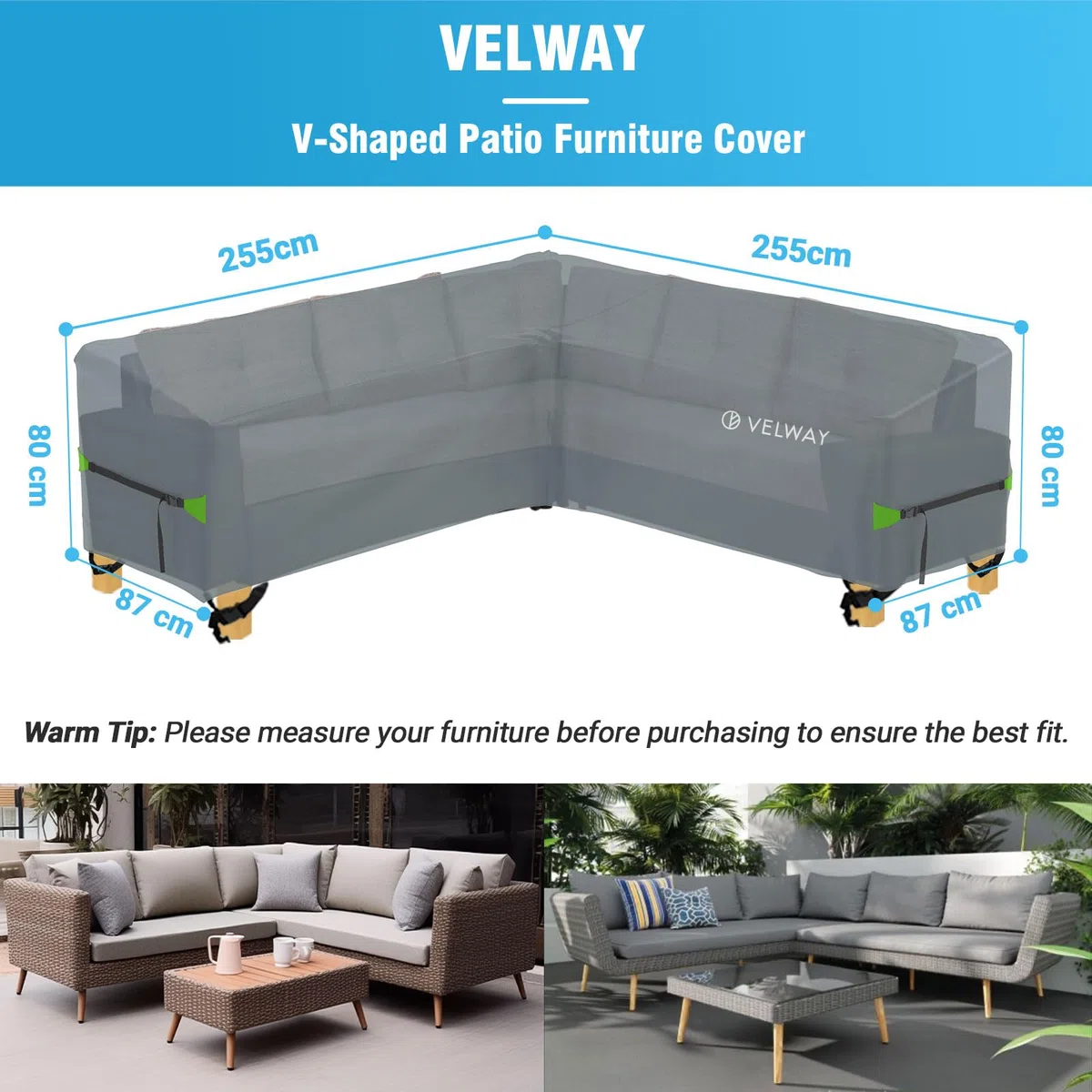 Velway Fundas para sofás en Forma de V - 420D Oxford Impermeable Funda Sofa Esquinero Jardin Exterior con Cinta Impermeable, a Prueba de Viento Funda Muebles Jardin (Gris, 255x255x87cm)