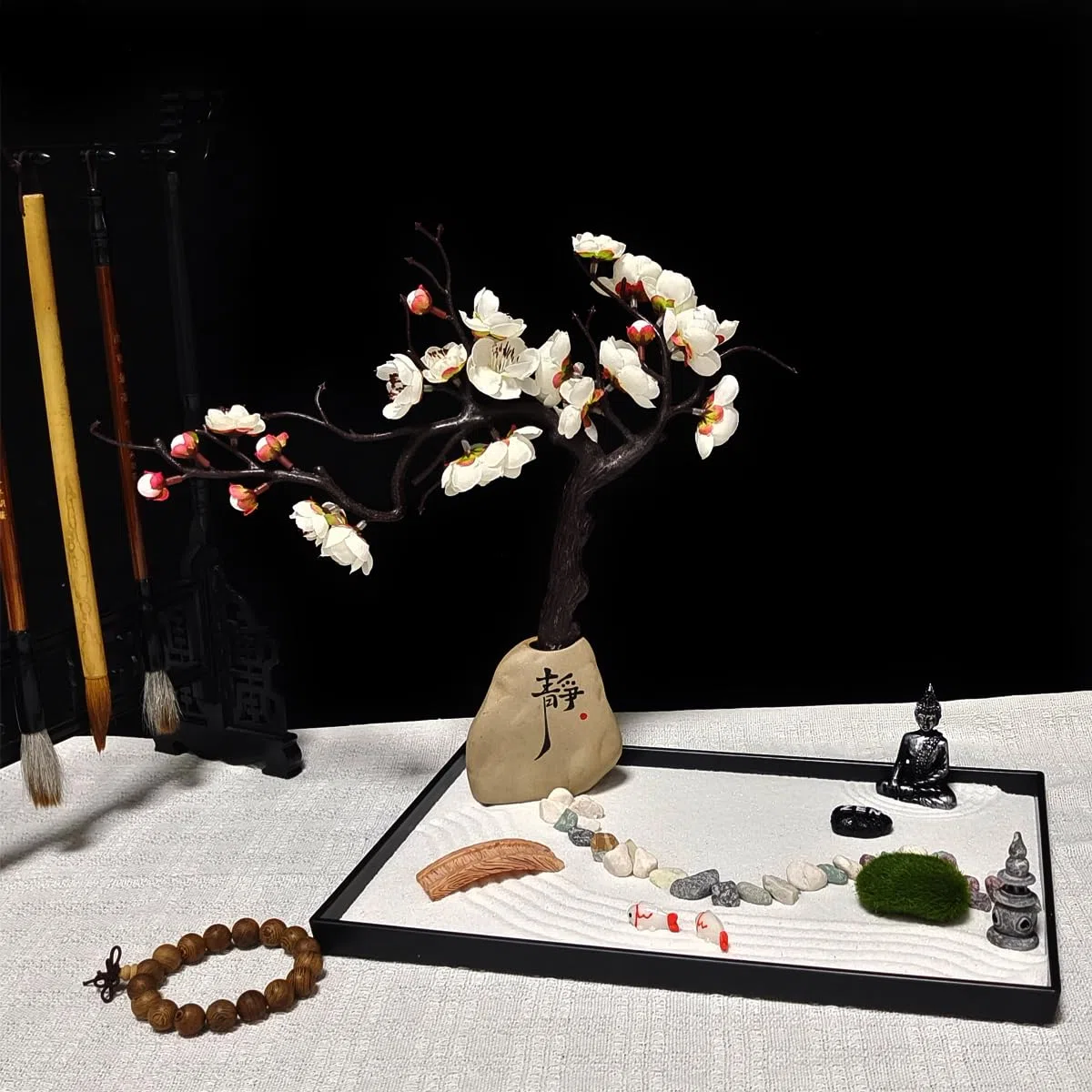 Kit de jardín zen japonés, mini decoración del hogar de jardín zen, arena zen, mini adorno de roca de arena, accesorios de meditación y regalo, adornos de jardín japoneses