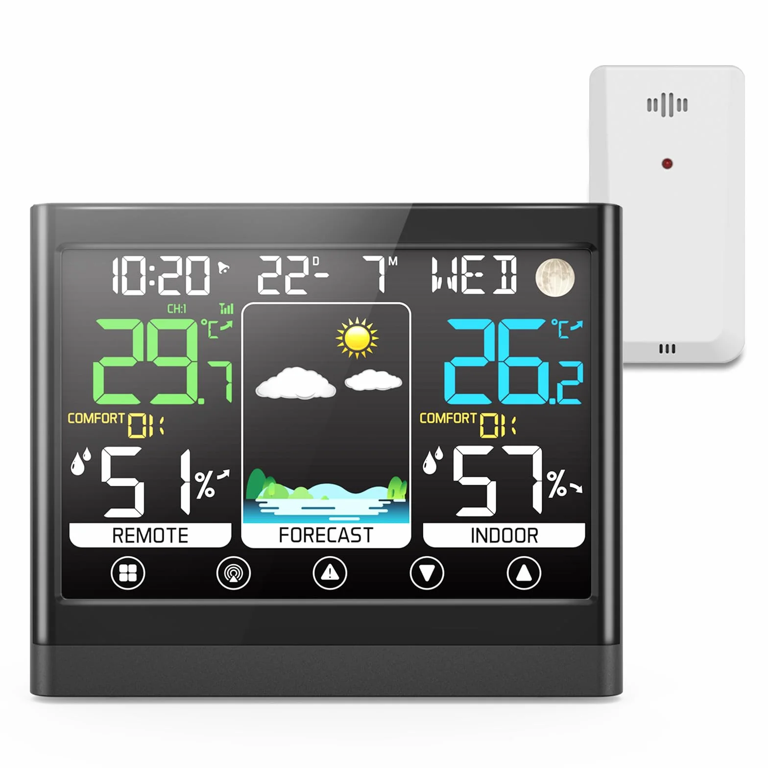 jely Estación Meteorológica Interior Exterior con Sensor Inalámbrico, Pantalla LCD a Color, Termómetro Higrómetro Digital, Pronóstico del Tiempo, Temperatura, Humedad, Reloj, Alarma - para Casa,Jardín