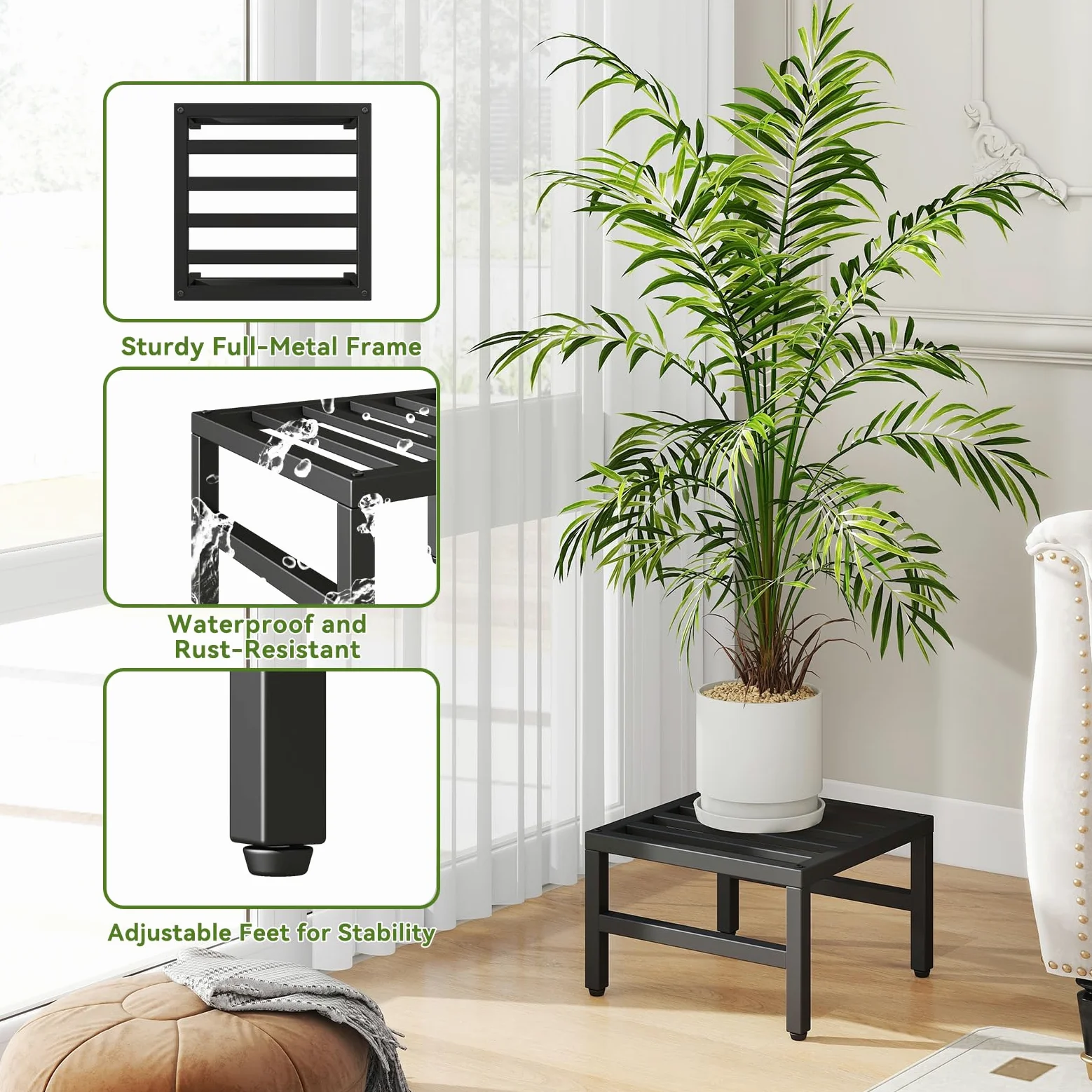IBUYKE 3 Piezas de Soporte Metálico para Plantas de Interior y Exterior, 30cm Soporte para Macetas Pequeñas, Estante Moderno Cuadrado para Plantas y Flores para Salón Balcón Jardín, Negro TMJ075B-3