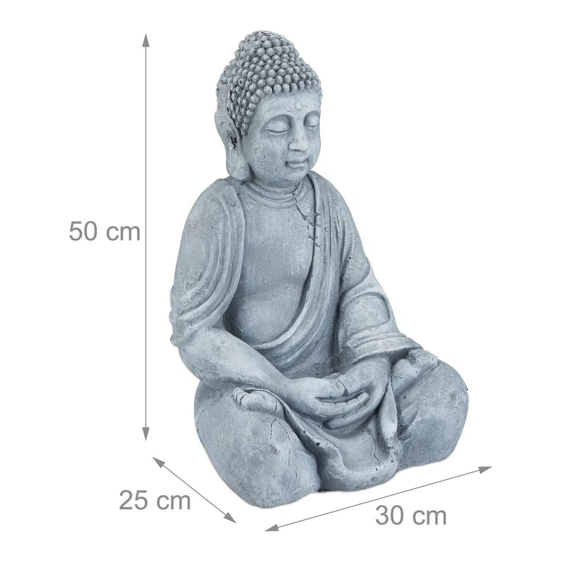 Relaxdays Estatua Buda Sentado XL para Jardín, Feng Shui, Exterior, Cerámica, 50 cm, Color Gris Claro