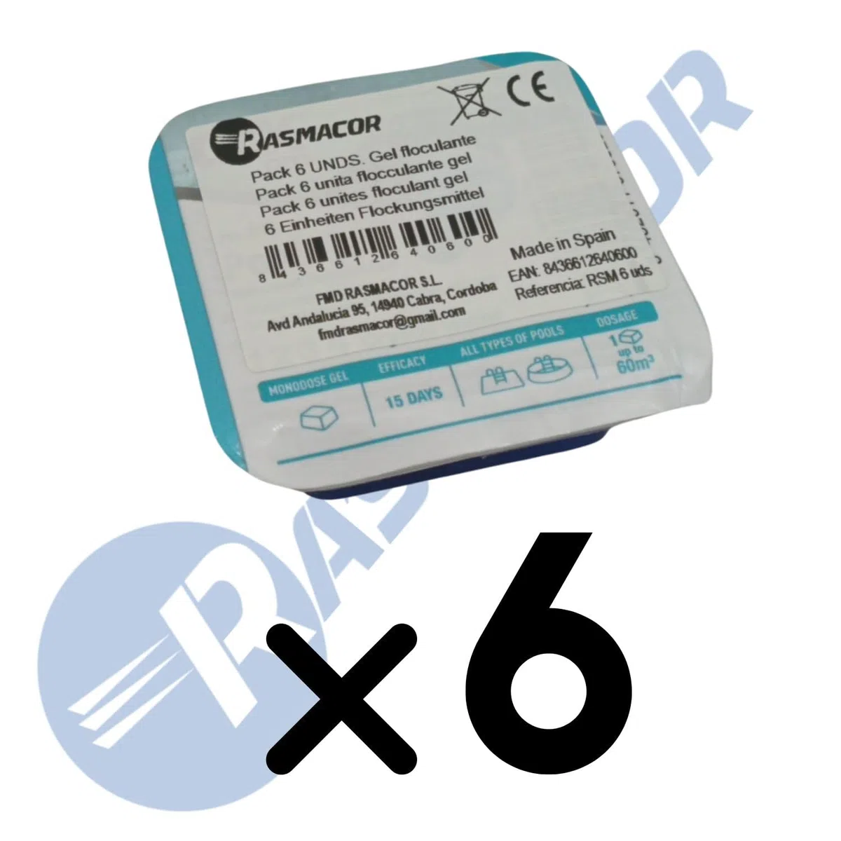 RASMACOR Pack 6 Unidades Floculante Gel monodosis | Gel para Piscina | Limpiador y clarificador de Agua para Piscinas | Transparencia Total del Agua | Distribuido