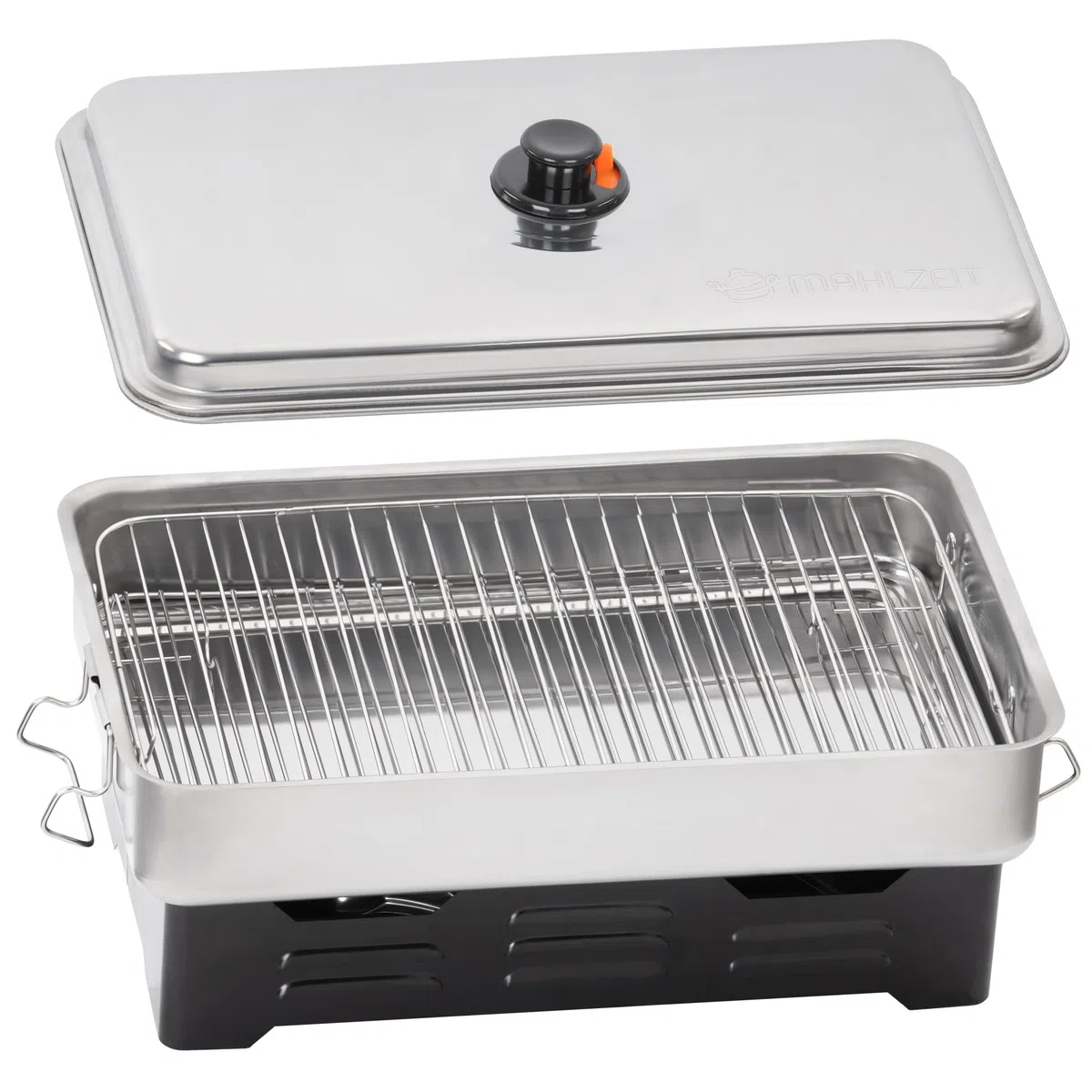 Mahlzeit Horno de Mesa para Ahumar con 2 Niveles de Acero Inoxidable | 47 x 27,5 x 20 cm | Ahumador de Acero Inoxidable | Caja para Ahumar, Horno de Pescado | Ahumador con 2 Quemadores