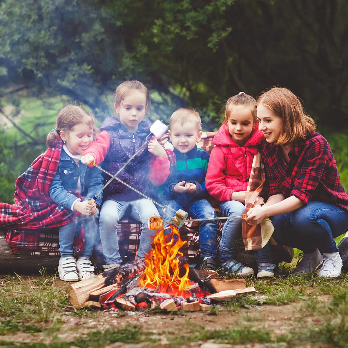 5 palitos de asado de malvavisco, palos telescópicos para hoyo de fuego abierto, 32 pulgadas de largo, tenedores de barbacoa para barbacoa, brochetas para fogata, camping, hotdog