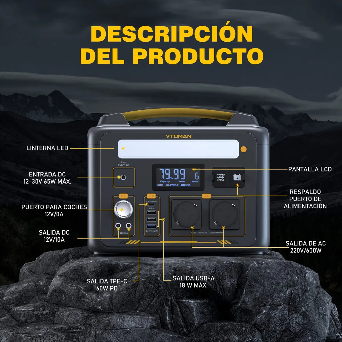 VTOMAN Jump 600X Estación de Energía Portátil con Cable de Arranque, 600W Generador Solar LFP Batería, 2 Salidas CC Ajustable a 12V/10A, 299Wh Capacidad Ampliable a 939Wh para Acampadas y Emergencias
