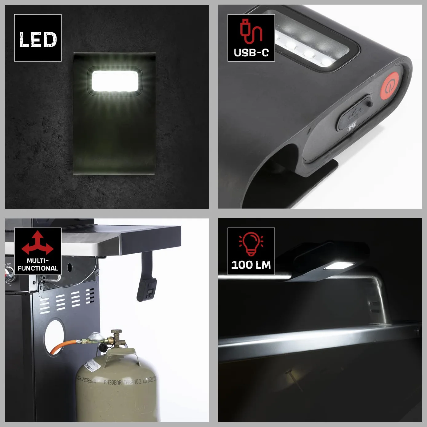 LANDMANN | Lámpara magnética para barbacoa | Tecnología LED de ahorro de energía | recargable | batería de iones de litio | Función de temporizador | Hasta 5 horas de duración de la luz