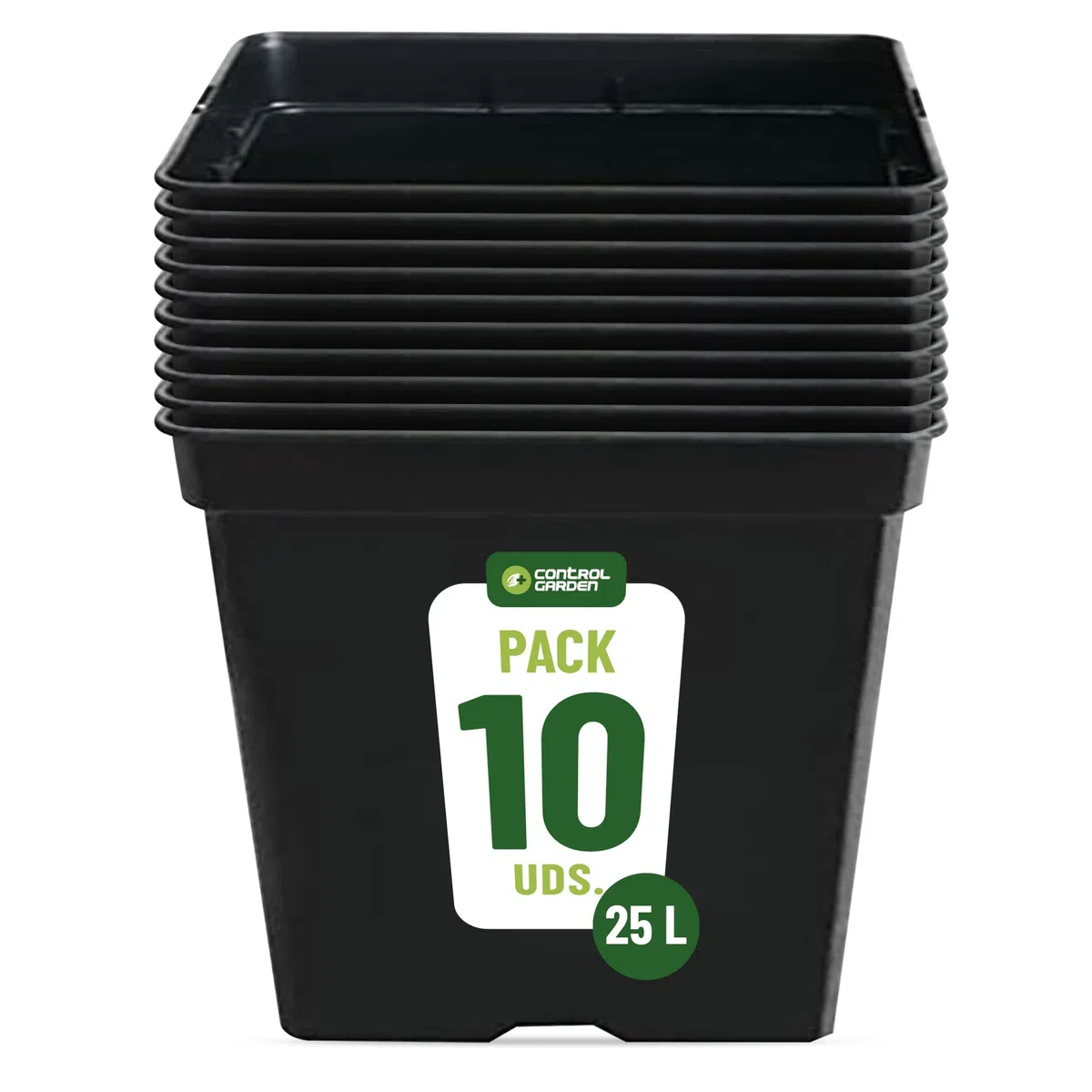 GROWMANIA Pack 10 Macetas Cuadradas para Plantas Negra 25L - Diez Maceteros de Plástico para Flores 33x33x35 cm - Base 25x25