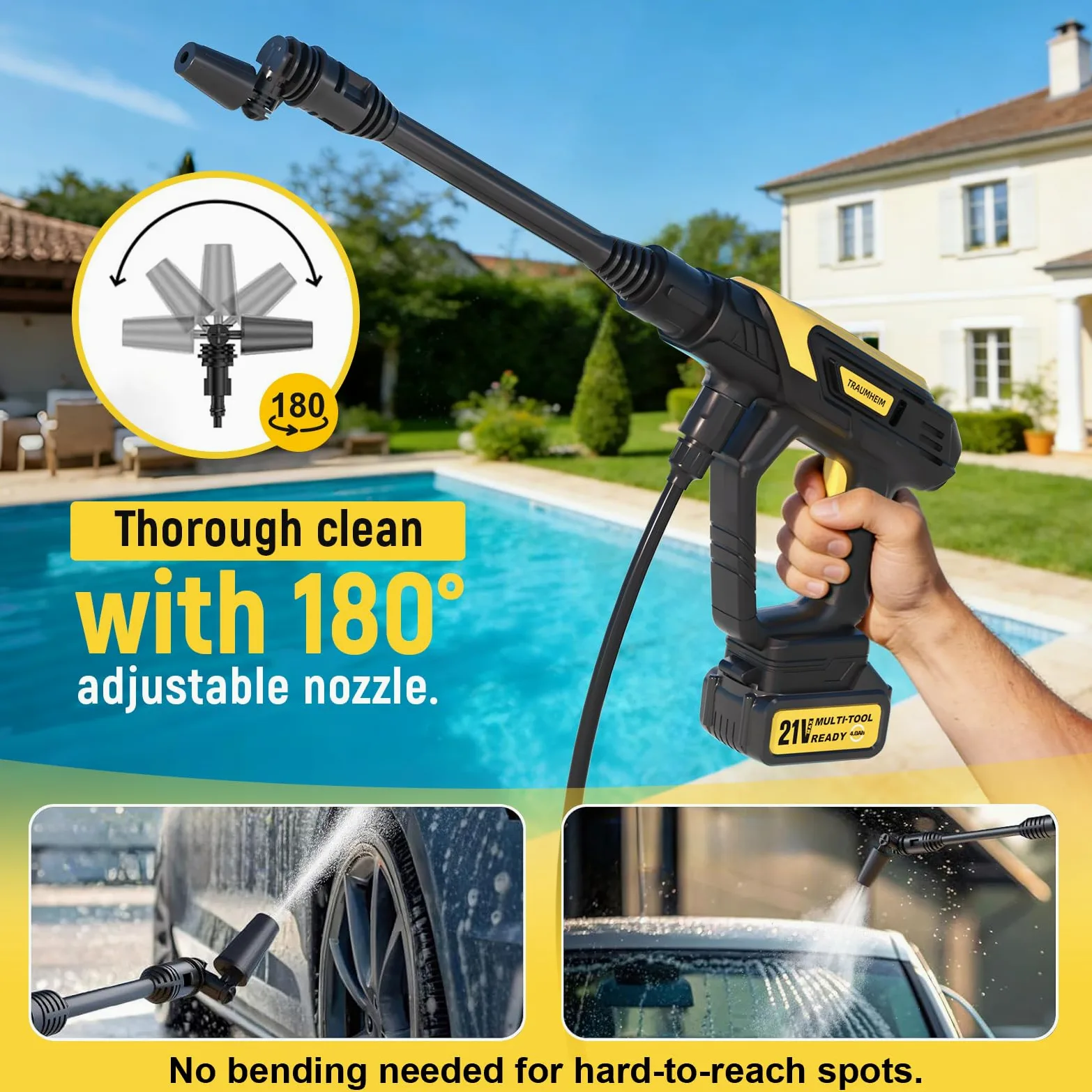 Hidrolimpiadora de Alta Presion 21V/68Bar/990PSI - 2X Batería 4000mAh - Set Completo 17 Piezas - Limpiadora Portátil Multiusos para Coche, Terraza, Jardín