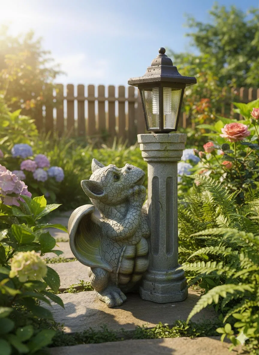 Kremers Schatzkiste Niño Dragón con Linterna Solar 44,5 cm Figura de Dragón Gárgola de Jardín