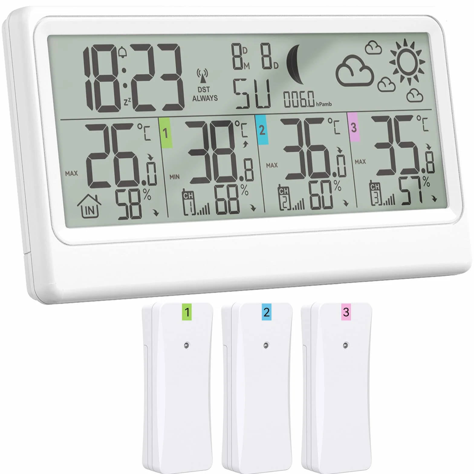 Estacion Meteorologica Inalámbrica Con 3 Sensores, Termómetro Higrómetro Barómetro Interior Exterior Pantalla LED De 8.5', Reloj Atómico Pronóstico Del Tiempo Temperatura Humedad Reloj Digital Alarma